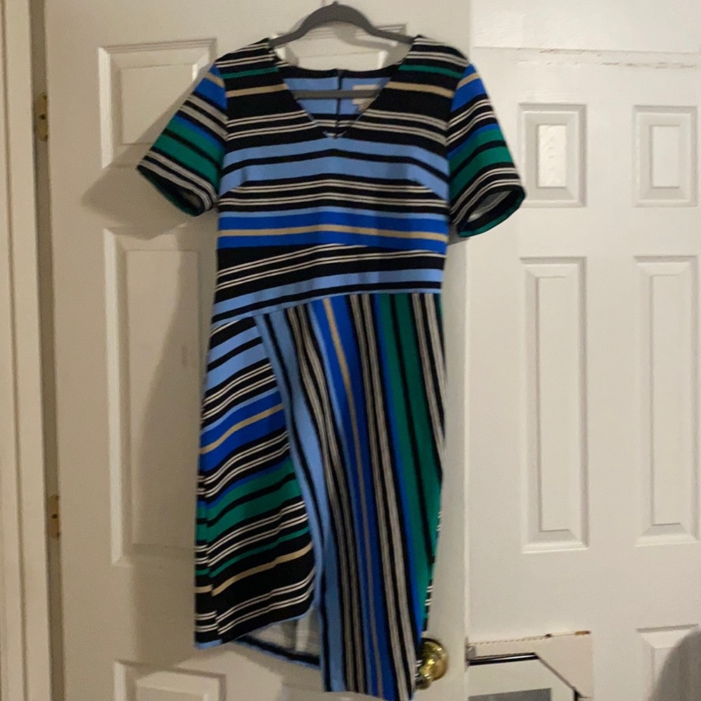 Modern striped dress with asymmetrical hem-L